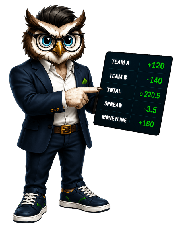 WiseGuyOdds.ai mascot — Pointing at odds board